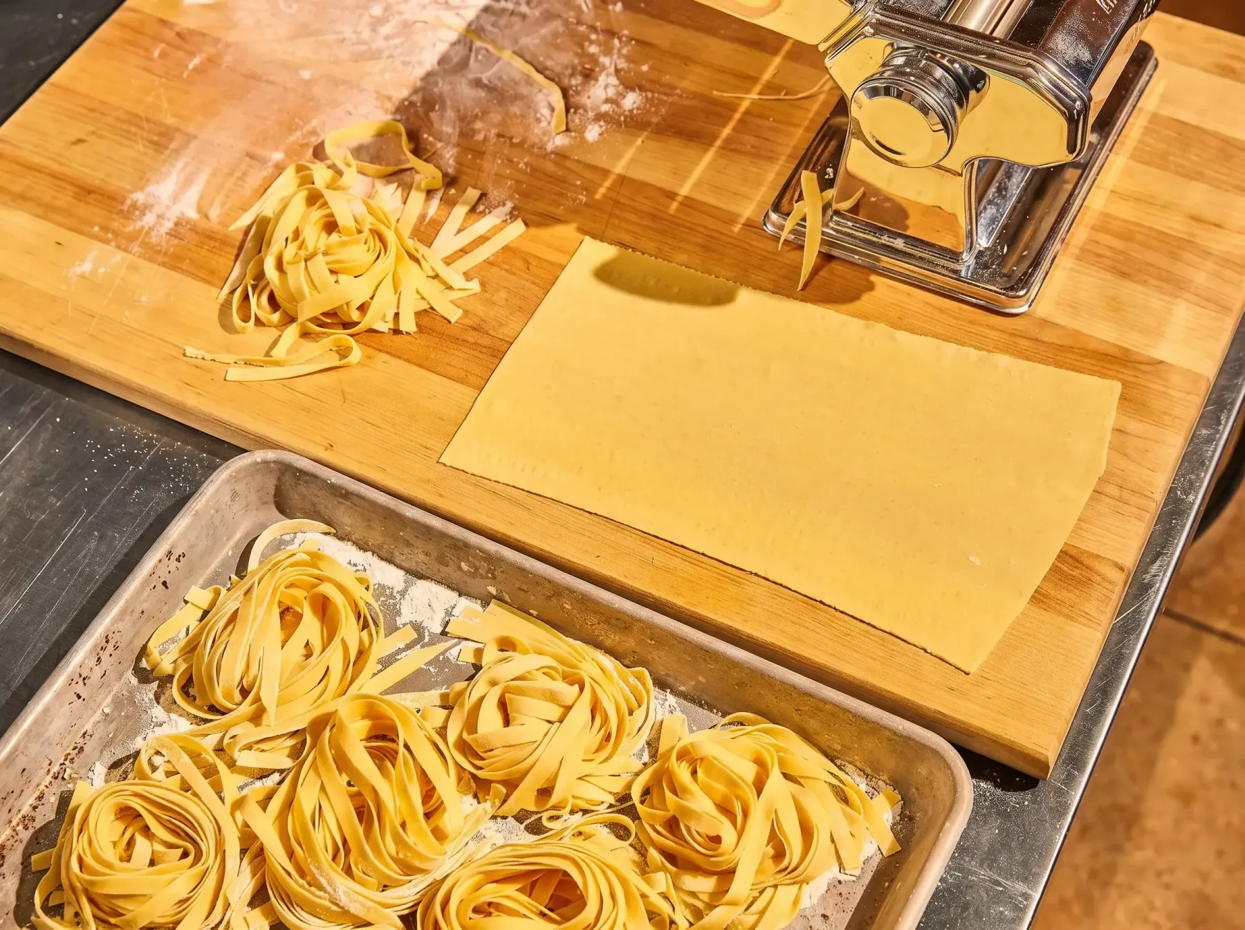 Nidi di tagliatelle fresche su una teglia infarinata, accanto alla sfoglia e alla macchina per la pasta